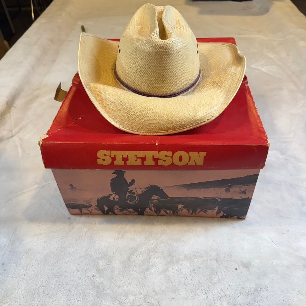 Vintage Stetson 4X Straw Cowboy Hat Tan Western Cattleman Size 7 1/2 60 Box